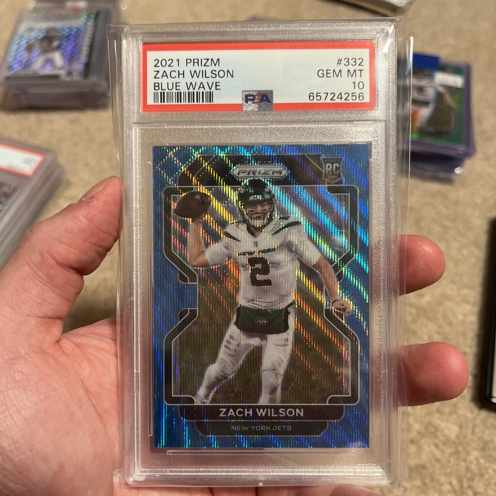 2021 PANINI PRIZM ZACH WILSON RC #332 BLUE WAVE ROOKIE /199 PSA 10