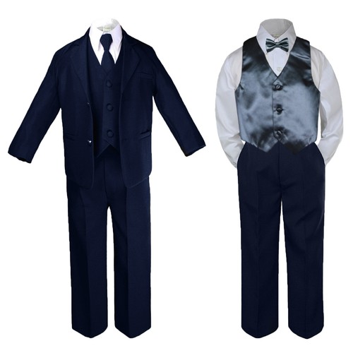 Hermosala New Baby Toddler Boys Teen 7pcs NAVY Formal Suit + Color Vest & Bowtie - Picture 14 of 18