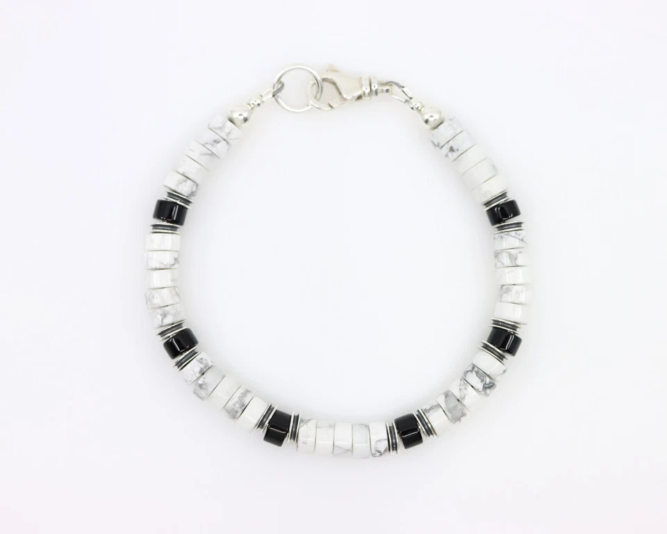 6mm Black Onyx & White Buffalo Howlite Heishi Beaded Gemstone Bracelet Jewelry - Image 2 of 4
