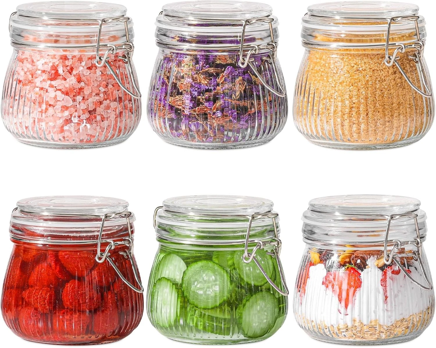 Airtight Glass Canister 6pk with Lids 17Oz Storage Jar Seal Wire Clip Fastening