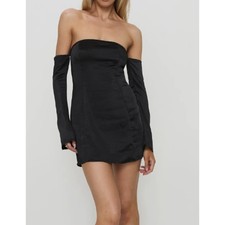 Princess Poly Amalea Off the Shoulder Long Sleeve Black Satin Mini Dress Size 8