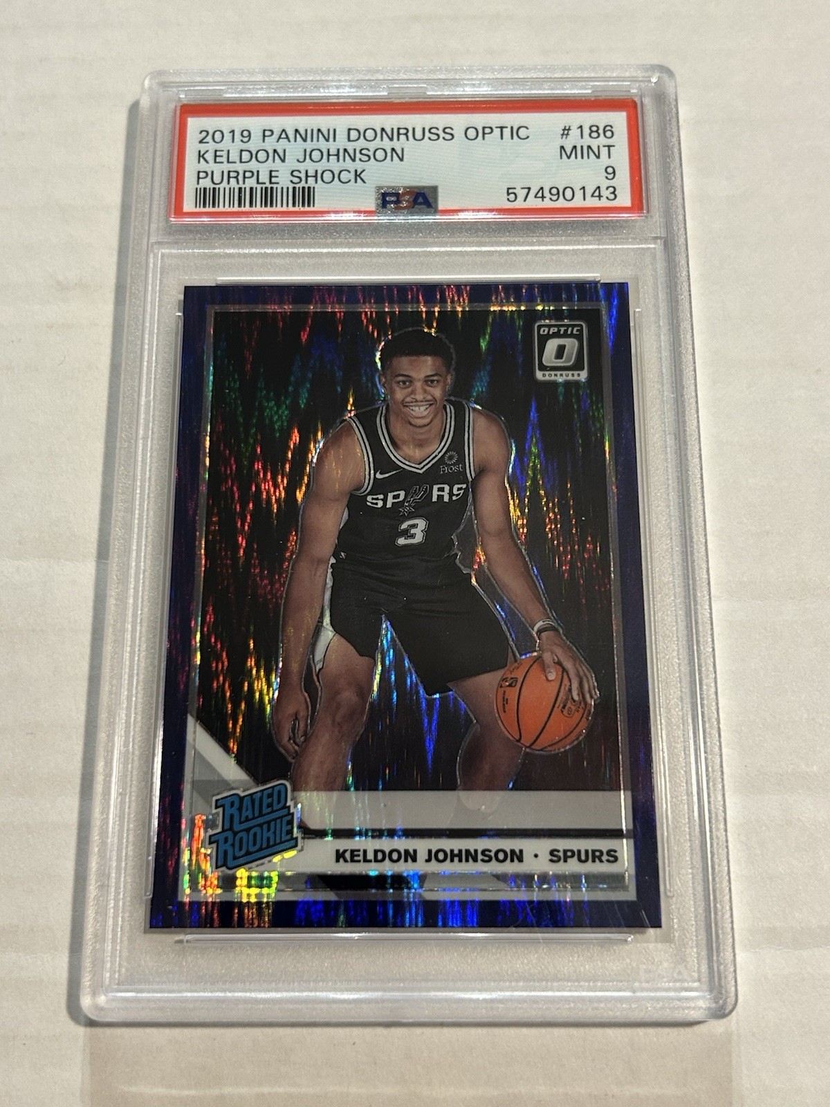 2019-20 Donruss Optic Keldon Johnson #186 Purple Shock Rated Rookie PSA 9 E1
