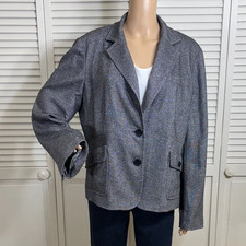 Talbots Charcoal Business Blazer Lined Tweed Wool Blend Notch Lapel Gray Size 16