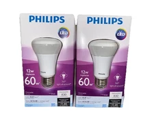 TWO (2) Philips LED 12W Replaces 60W Dimmable 830 Lumens Energy Saving