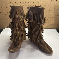 MINNETONKA MOCCASIN Boots Women Size 6 Brown Suede 3 Layer Fringe Pull On 1638