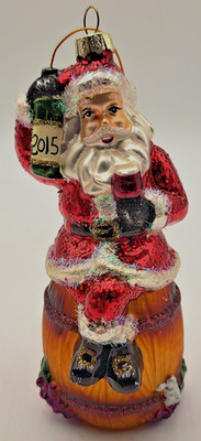 Christopher Radko 2015 Hanging Christmas Ornament Santa on Wine Keg 5.5''x2.5''