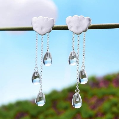 White Rain Auspicious Cloud 925 Silver Drop Dangle Tassle Earrings Gift