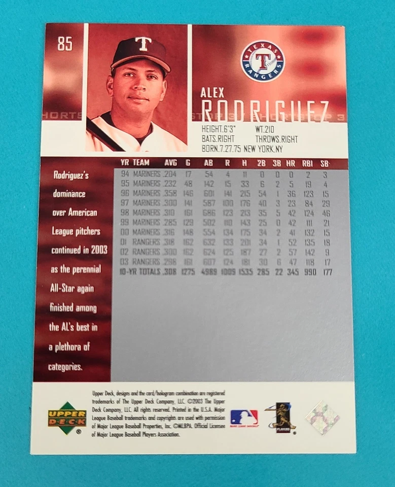 2004 Upper Deck #85 Alex Rodriguez Texas Rangers BASEBALL Card 7C - Image 2 of 2