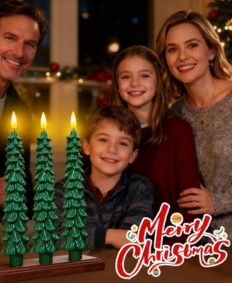 3-pk LED CHRISTMAS TREE Flameless Taper CANDLES, Real Wax Take 2 AAA Battery 14z