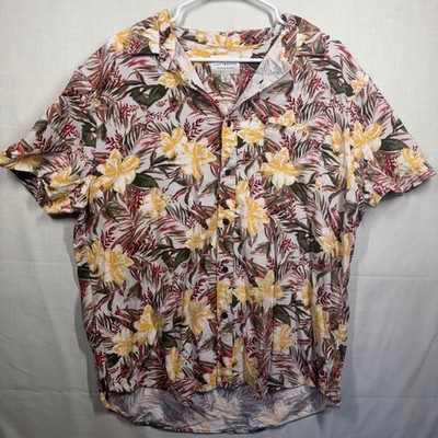 Lucky Brand Button Up Shirt Mens XL Hawaiian Tropical Palm Leaf Short Sleeve Tee