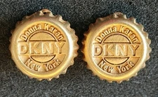 VINTAGE DKNY DONNA KARAN NEW YORK LOGO MATTE GOLD BOTTLE CAP CLIP ON EARRINGS 