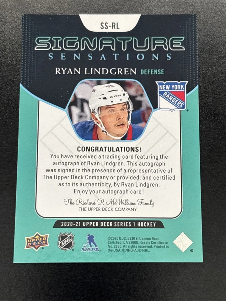 2020-21 Upper Deck Signature Sensations Ryan Lindgren Rangers #SS-RL NY Rangers - Image 2 of 2