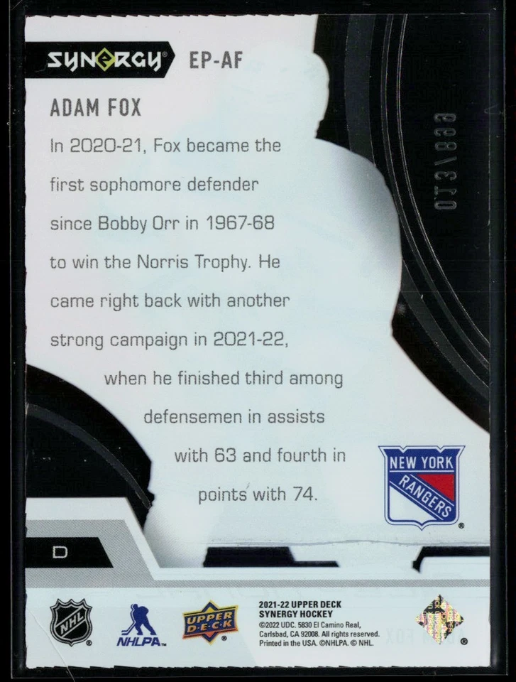 2021-22 Upper Deck Synergy Exceptional Phenoms #EP-AF Adam Fox 013/899 - Image 2 of 2