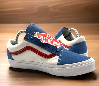 Men 8.5 Women 10 Vans Old Skool Sneakers White Blue Red Canvas Skate Shoes NWOB