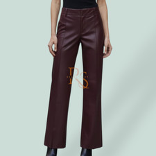 Women s Genuine Lambskin Leather Pants High Waist Straight Leg Burgundy