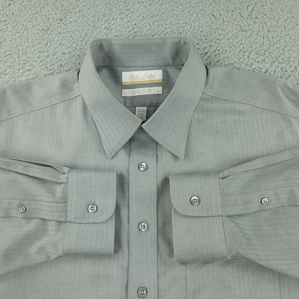 Roundtree & Yorke Gold Label Shirt Mens 17.5 34 Gray Herringbone Non Iron Dress - Image 2 of 4