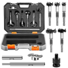 10Pcs Carbide Forstner Drill Bits Set for Woodworking, Round Shank with Threa...