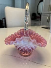 Fenton Cranberry Pink Opalescent Color Art Glass Hobnail Basket Clear Handle 7"