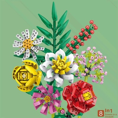 Building Block Flower Bouquet 8 Eternal Blooms DIY Set   Adult & Kids Craft Gift