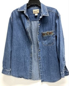 Woolrich Women's Indigo Blue Denim Embroidered Floral Western Cotton Shirt Sz M