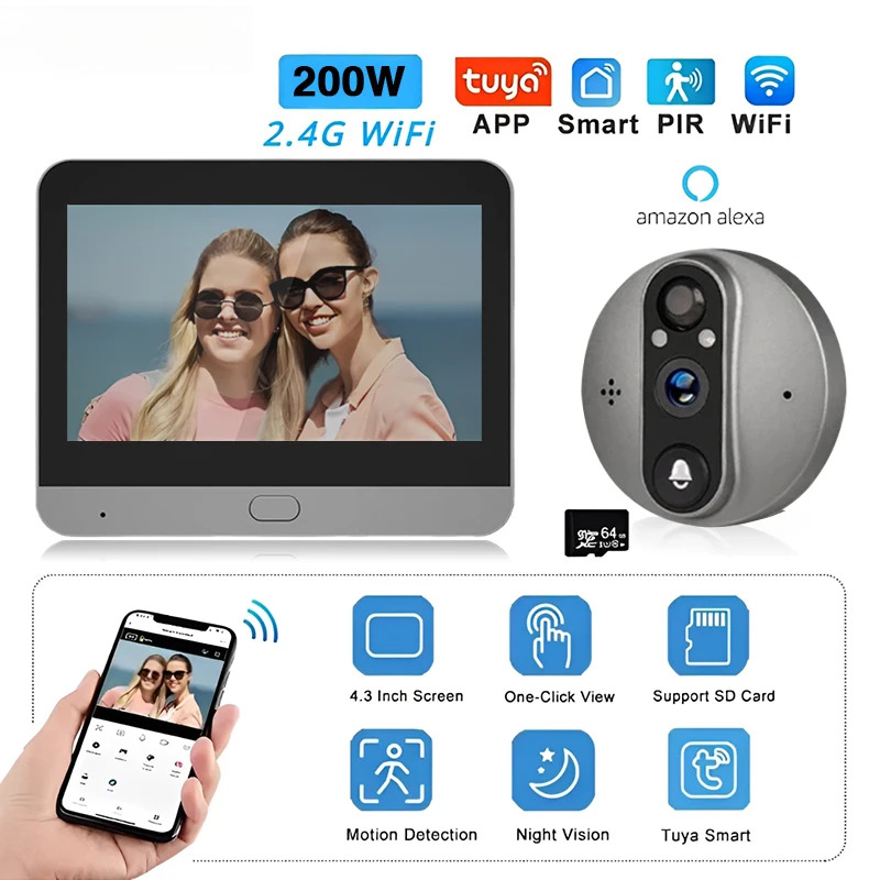 Video Doorbell 1080P WiFi Peephole Camera Door Bell PIR Cat Eye 4.3 Inch Digital-image