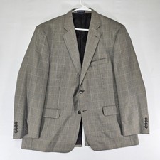 Stafford Essentials Mens Sport Coat Blazer Two Button Brown Plaid Poly Blend 44R