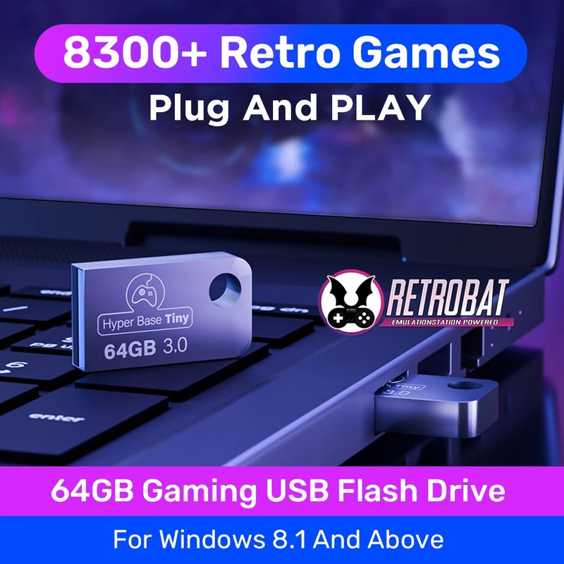 Retrobat 64G Gaming USB Flash Drive With 8300+ Retro Games Plug&Play Emulators F