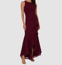 Adrianna Papell Women's Red Crepe Organza Ruffled Round Neck Dress Size 18