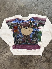 Vtg 90s Looney Tunes Taz Take a Hike Roughin It All Over Print LG Sweatshirt USA