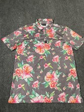 Bad Birdie Polo Shirt Mens Medium Gray Floral Print Golf Short Sleeve Athletic