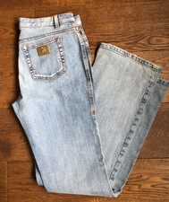 VTG Roberto Cavalli Y2K Low Rise Flared Jeans Leopard Distressed Metal Plate 46