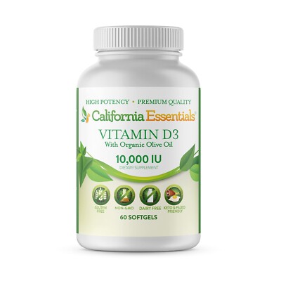 Vitamin D3 10000 IU (250mcg) Enhanced with Organic Olive Oil (60 Softgel)