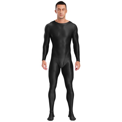 Mens Glossy Bodysuit Zip Back Suit Long Sleeve Leotards Footed Jumpsuit Bodysuit - Picture 6 of 68