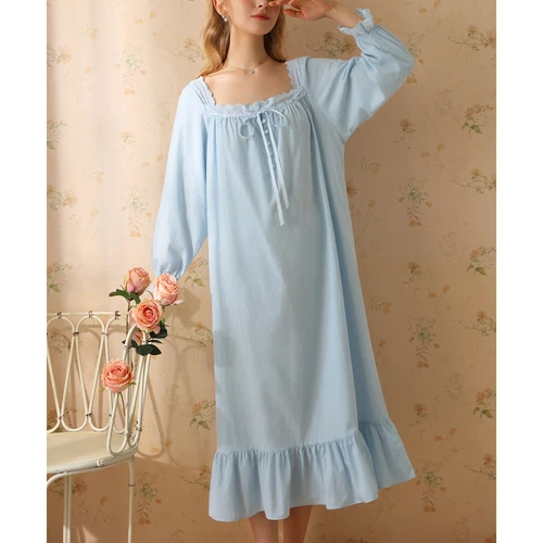 Women's Cotton Nightgown Princess Square Neck Long Sleeve Sleep Dress - Picture 4 of 53