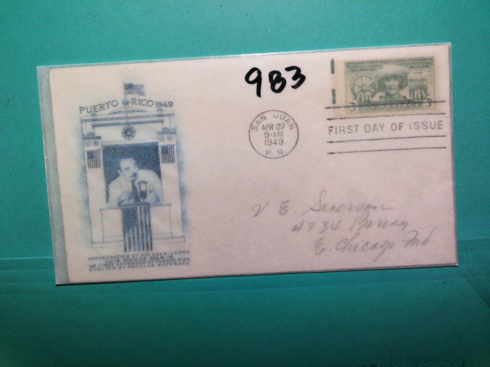 U. S. Stamp FDC 983   -Puerto Rico Vote -unsigned cachet