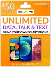 Speedtalk Smart Phone SIM Card Kit - Unlimited Data Talk & Text  5G 4G LTE Plan