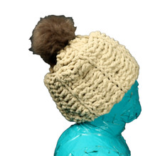 Chunky Knit Faux Fur Pom Pom Winter Hat Beanie Tan One Size