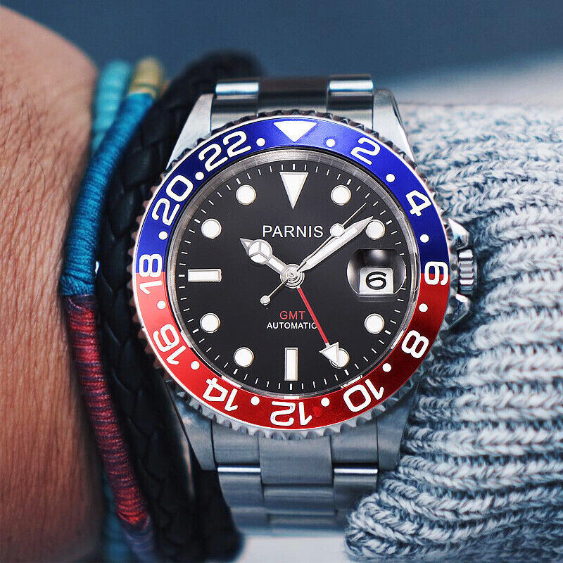 Sapphire Glass 40mm PARNIS Men Automatic Movement GMT Watch Classic Wristwatches