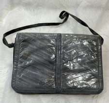 Vtg Genuine Soft Eel Skin Shoulder Bag Purse Grey Multi Pockets Organizer Flap