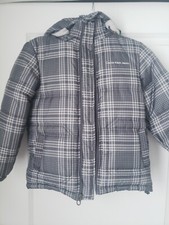 Calvin Klein Boys Gray Plaid Puffer Coat Jacket Hood Fleece Lined Size Large 7