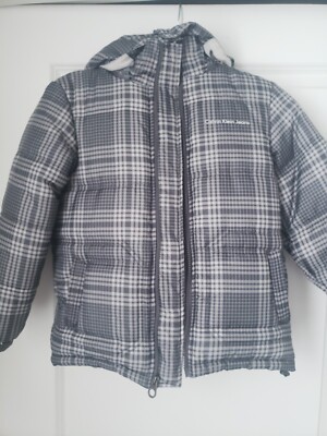 Calvin Klein Boys Gray Plaid Puffer Coat Jacket Hood Fleece Lined
