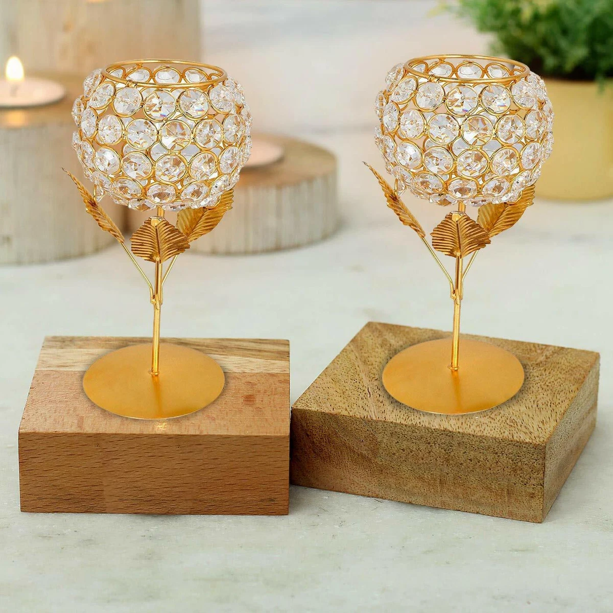 Metal Crystal Indian Gold Plated Tea Light Candle Holder Stand Set 2 Us