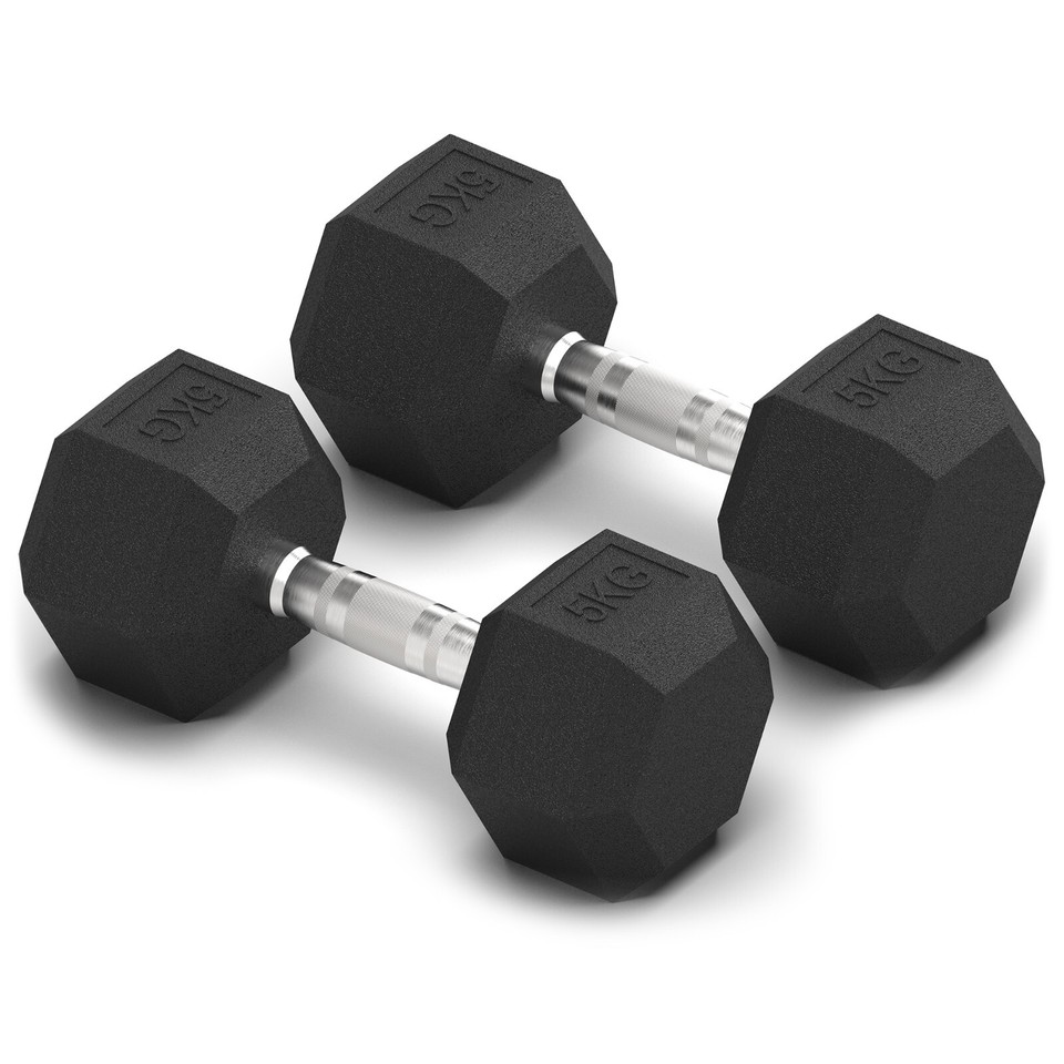 HEX DUMBBELLS SET PAIR ERGO IRON HAND WEIGHTS RUBBER ENCASED HEXAGONAL ...