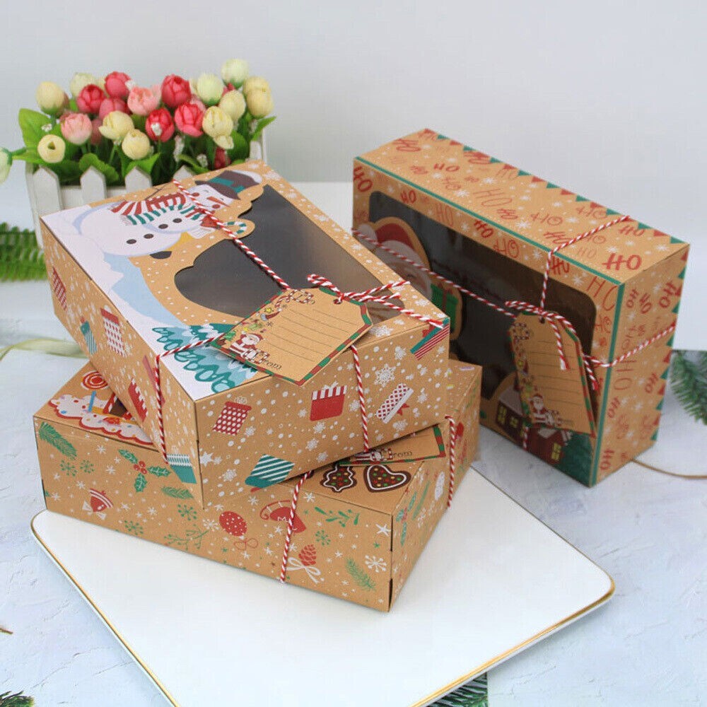 12X Christmas Cookie Gift Box Kraft Paper Candy Gift Boxes Xmas Party