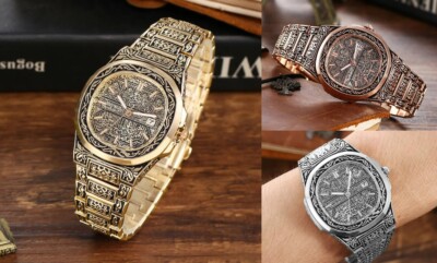 ONOLA Quartz Watch Men engraved orient golden bronse steel luxury retro fashion