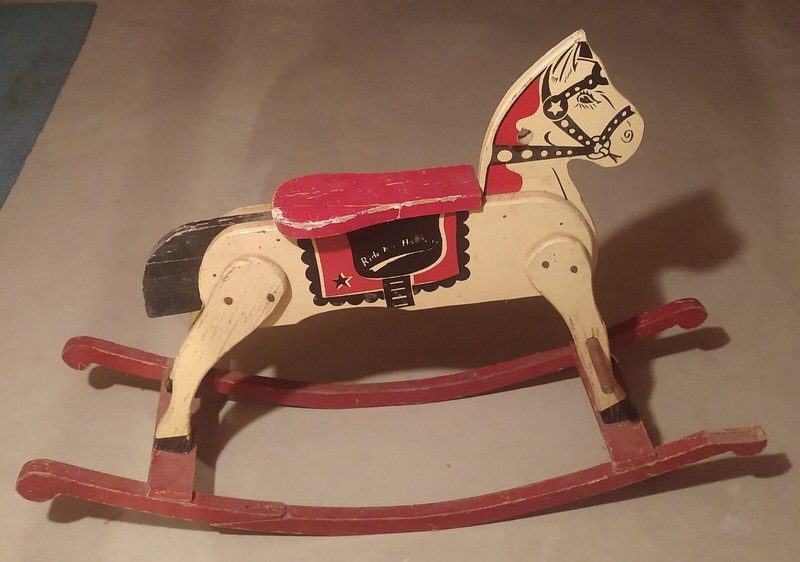 Antique wooden rocking horse vintage toy. 38"L x 10"W x 27"H, 8lbs