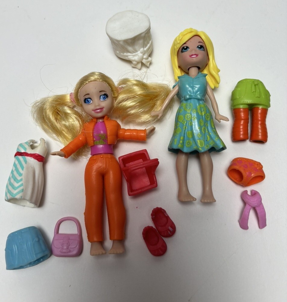 Posable Polly Pocket LOT OF 2 Dolls & Accessories - 11 Pieces