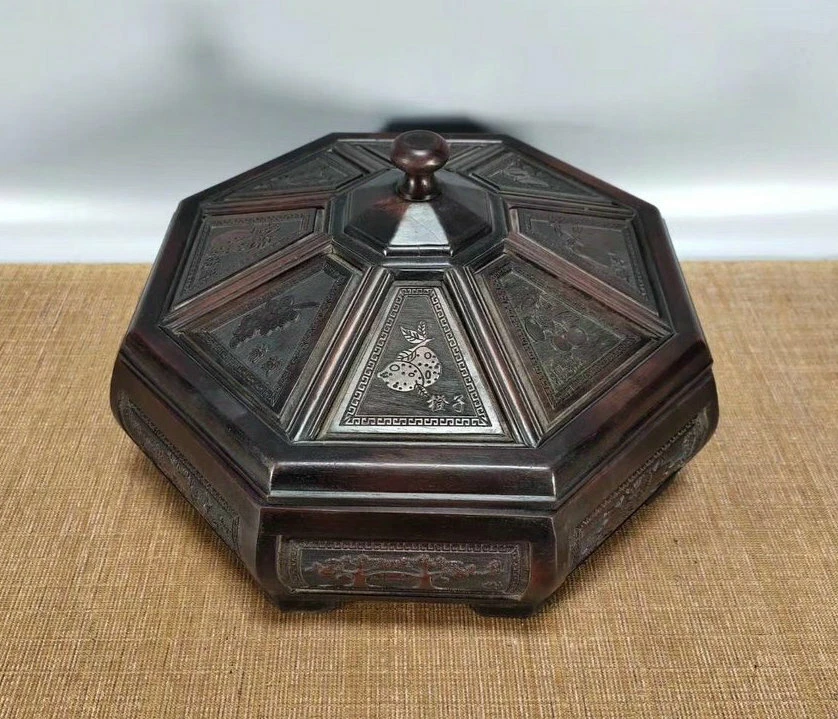 Caja de madera antigua china de 12"" caja de almacenamiento de caoba antigua natural Foto 4 de 4