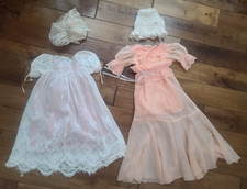 Lot of 2 Baby Doll Long Lacy White Crochet Pattern and Peach Dresses and Bonnets
