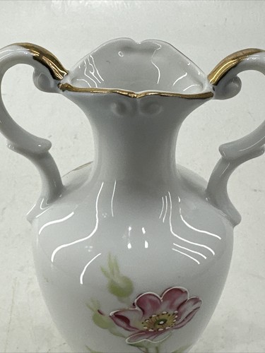 Porcelain Signed Renee~ Painted Floral Double Handled Vase, 8" B023 - Picture 8 of 10